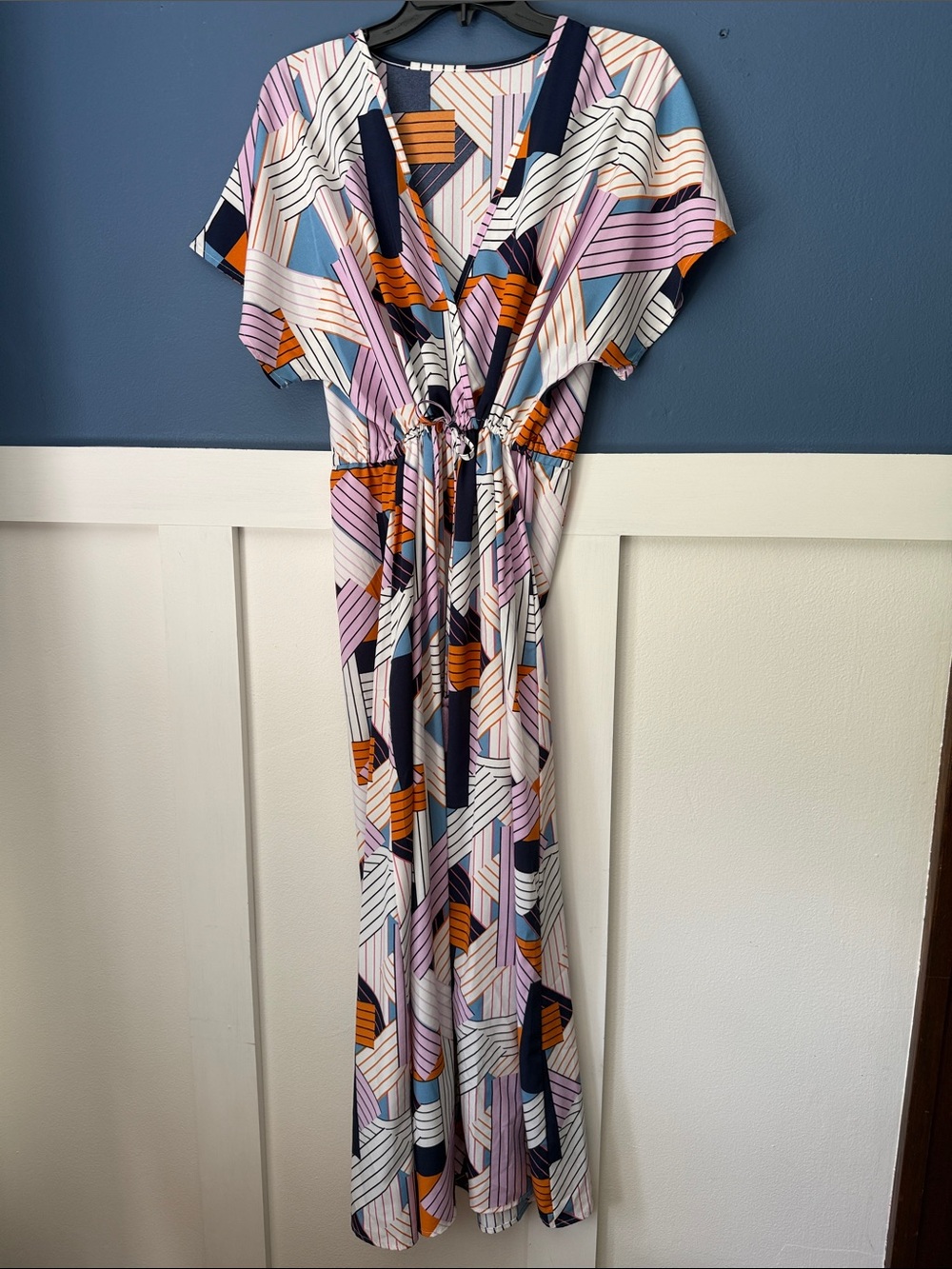Kimono Geometric Print Maxi Dress with Adjustable Drawstring Waist - Multi